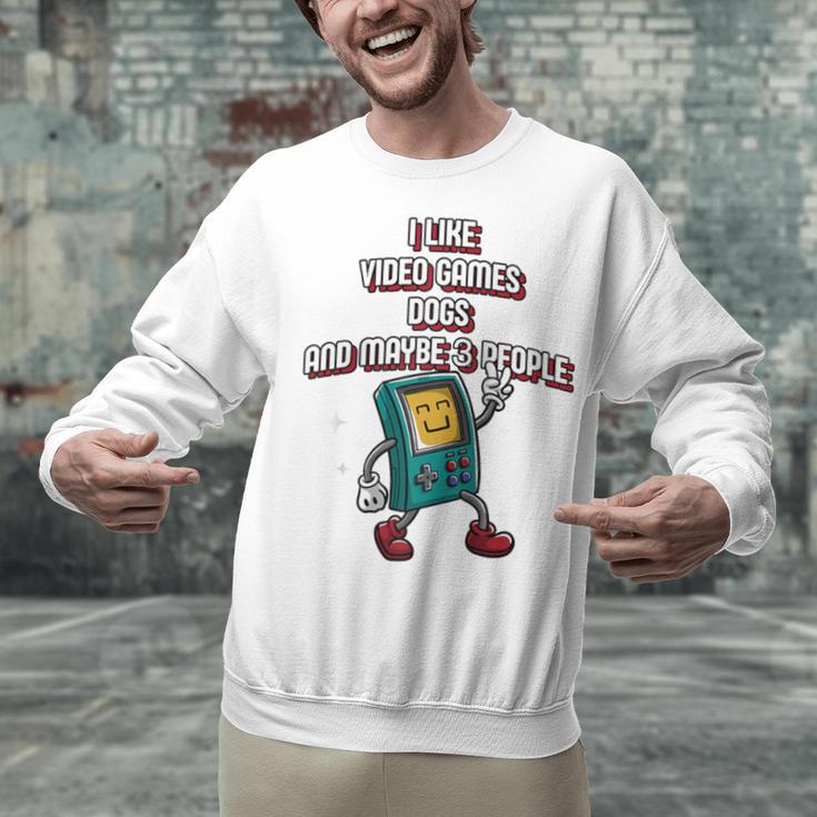 I Like Video Games Dogs And Maybe 3 People Gamer Introvert Raglan Baseball Tee Unisex Sweatshirt