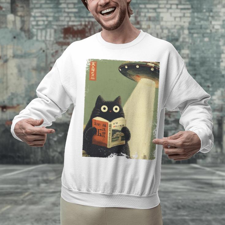 Vintage Japanese Cat Book Lovers UFO Alien Abduction Cat Dad Unisex Sweatshirt Vintage Japanese Cat Book Lovers UFO Alien Abduction Cat Dad Unisex Sweatshirt