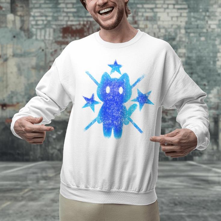 Yk2 Grunge Earthy Blue Cat With Stars Tomboy 90s Nostalgia Unisex Sweatshirt