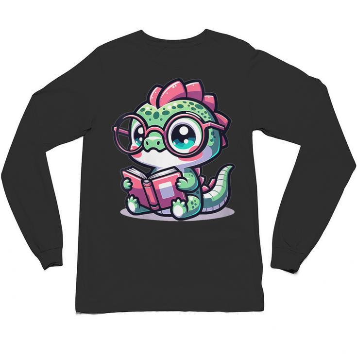 Adorable Book Lover Basilisk With Reading Glasses Cute Unisex Long Sleeve T-Shirt