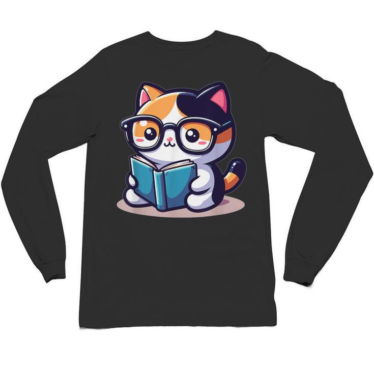 Adorable Book Lover Calico Cat With Reading Glasses Cute For Men Women Kids Unisex Long Sleeve T-Shirt