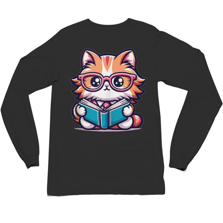 Adorable Book Lover Maine Coon Cat With Reading Glasses Cute Unisex Long Sleeve T-Shirt