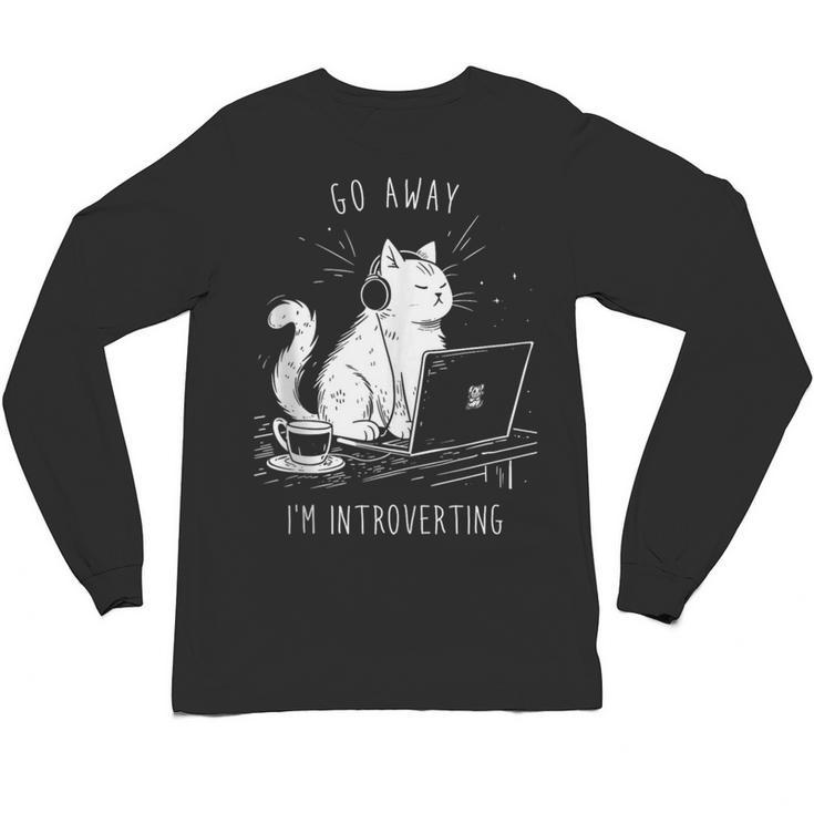 Antisocial Introvert Cat With Coffee On Computer Emo Goth Unisex Long Sleeve T-Shirt