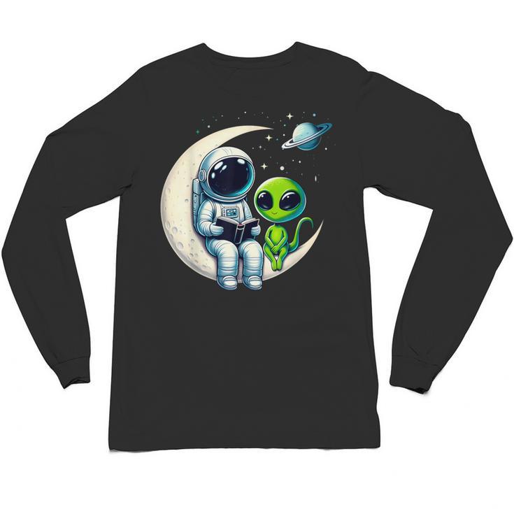 Astronaut Reading Book To Alien Shirt Moon Space Lover Kids Unisex Long Sleeve T-Shirt
