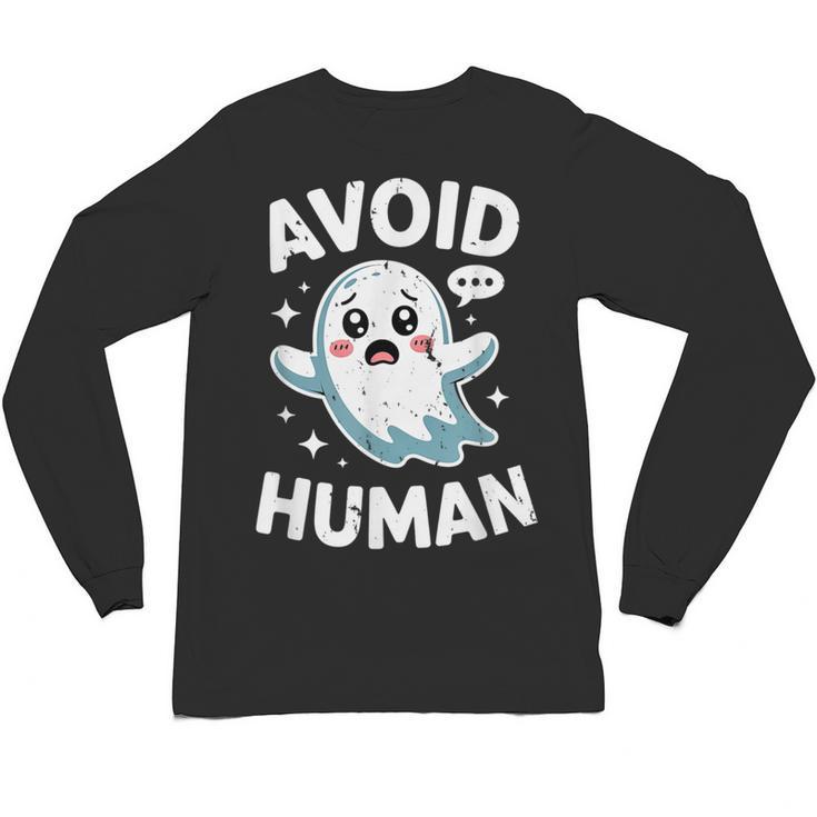 Avoid Humans Cute Kawaii Pastel Ghost Introvert Saying Unisex Long Sleeve T-Shirt