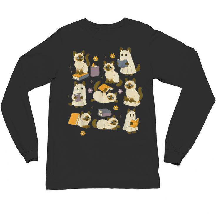 Books Lover Bookish Ghost Himalayan Cat Reading Halloween Unisex Long Sleeve T-Shirt