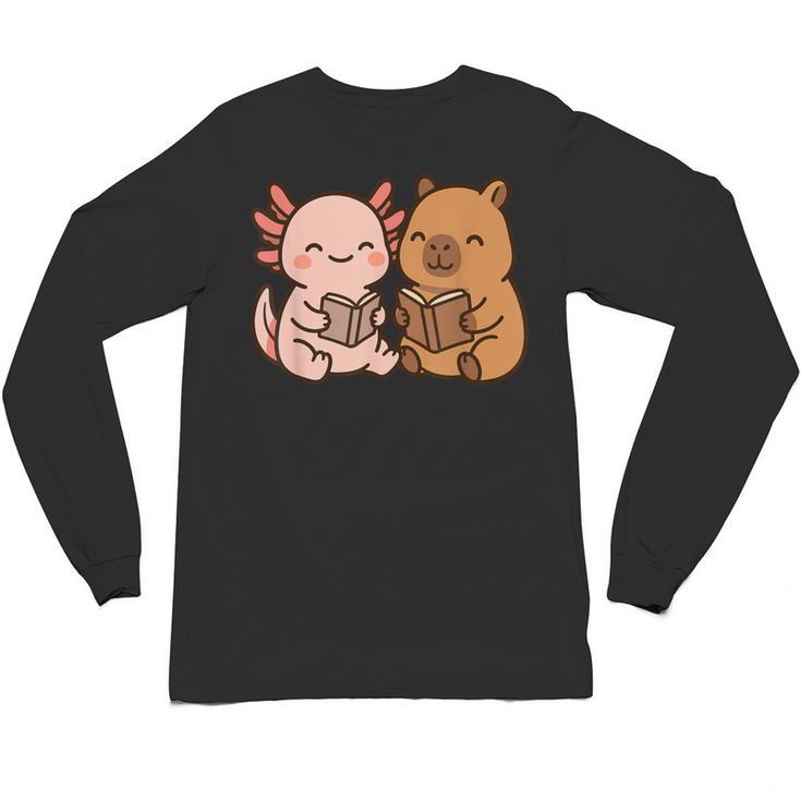 Capybara Axolotl Kawaii Kids Anime Book Lover Reading Unisex Long Sleeve T-Shirt