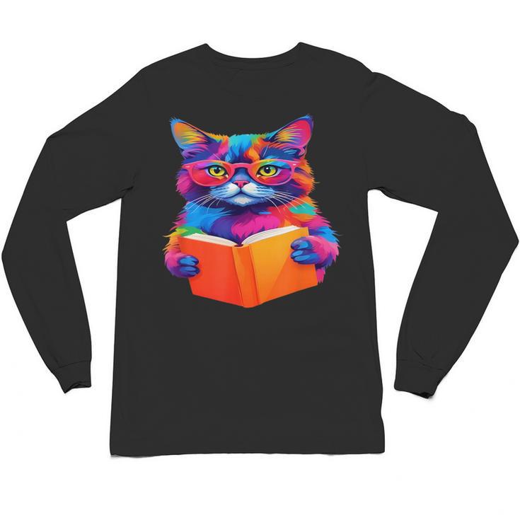 Cat Book Shirt Colorful Cat Reading Book Unisex Long Sleeve T-Shirt