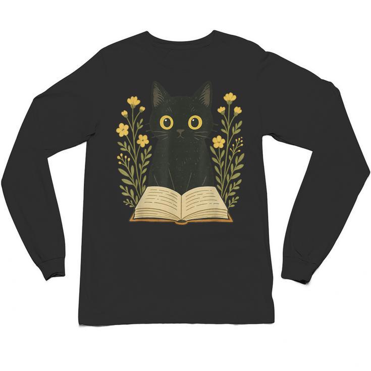 Cat Reading Book Flowers Unisex Long Sleeve T-Shirt