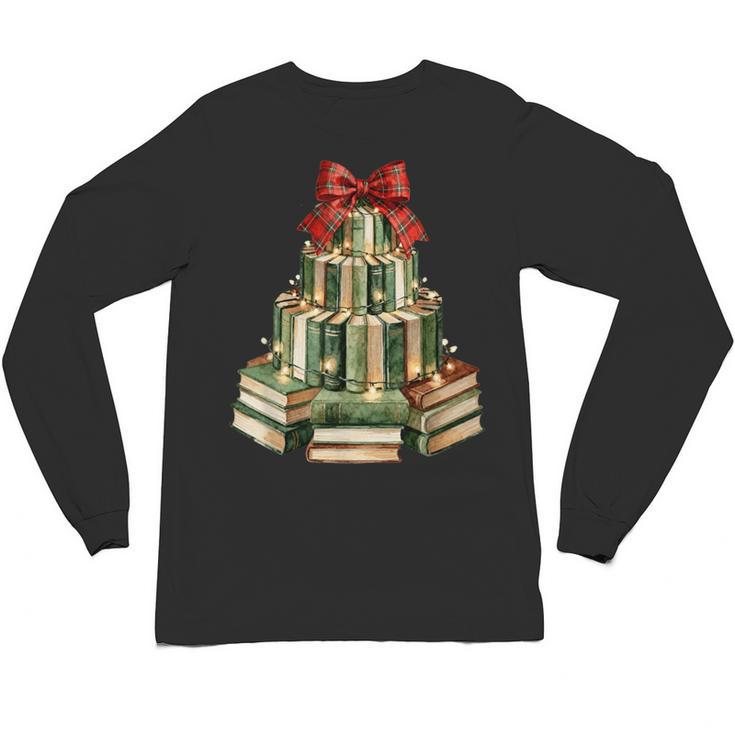 Christmas Book Tree Coquette Bow Xmas Reading Librarian Girl Unisex Long Sleeve T-Shirt