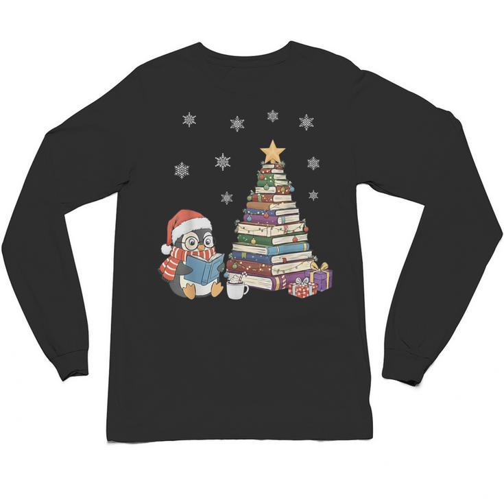 Christmas A Penguin Reading Book Snowflake Cocoa Hot Teacher Unisex Long Sleeve T-Shirt