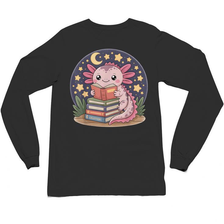 Cute Axolotl Reading Books Cozy Night Aesthetic Unisex Long Sleeve T-Shirt