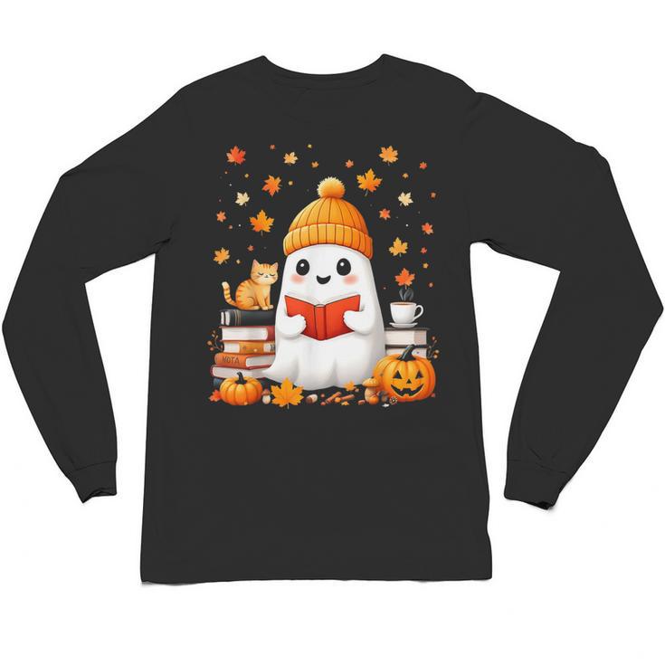 Cute Beanie Ghost Bookworm Cozy Book Reading Halloween Unisex Long Sleeve T-Shirt