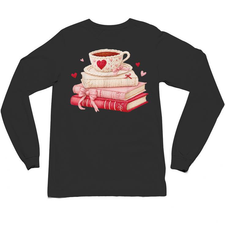 Cute Books And Coffee Crochet Valentines Day Tee For Couples Unisex Long Sleeve T-Shirt