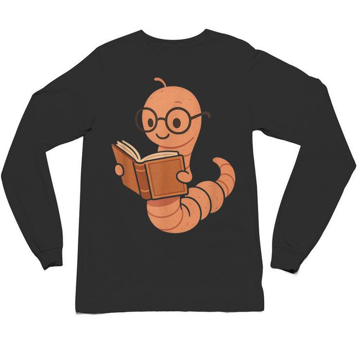 Cute Bookworm Worm Reading Book Glasses Nerdy Unisex Long Sleeve T-Shirt