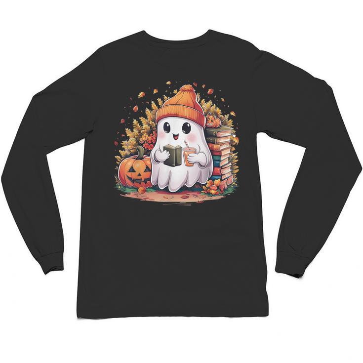 Cute Ghost Drinking Coffee Halloween Reading Book Retro Unisex Long Sleeve T-Shirt
