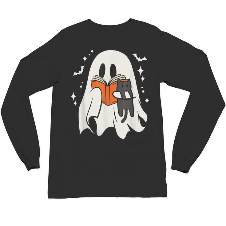 Cute Ghost Reading Book Spooky Season Halloween Costume Kids Unisex Long Sleeve T-Shirt