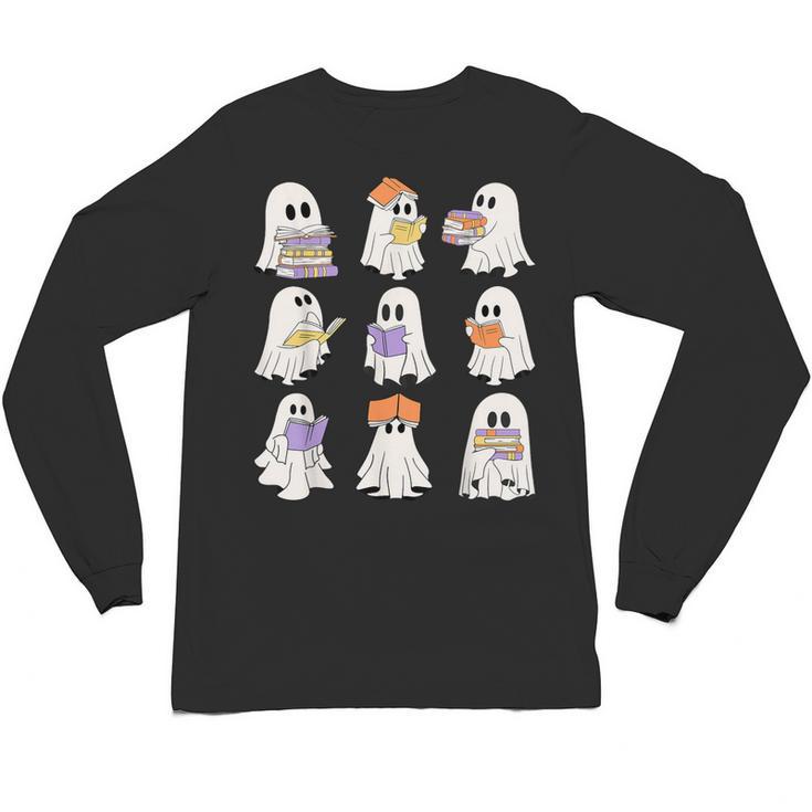 Cute Ghost Reading Books Teacher Halloween Reading Men Women Kids Unisex Long Sleeve T-Shirt