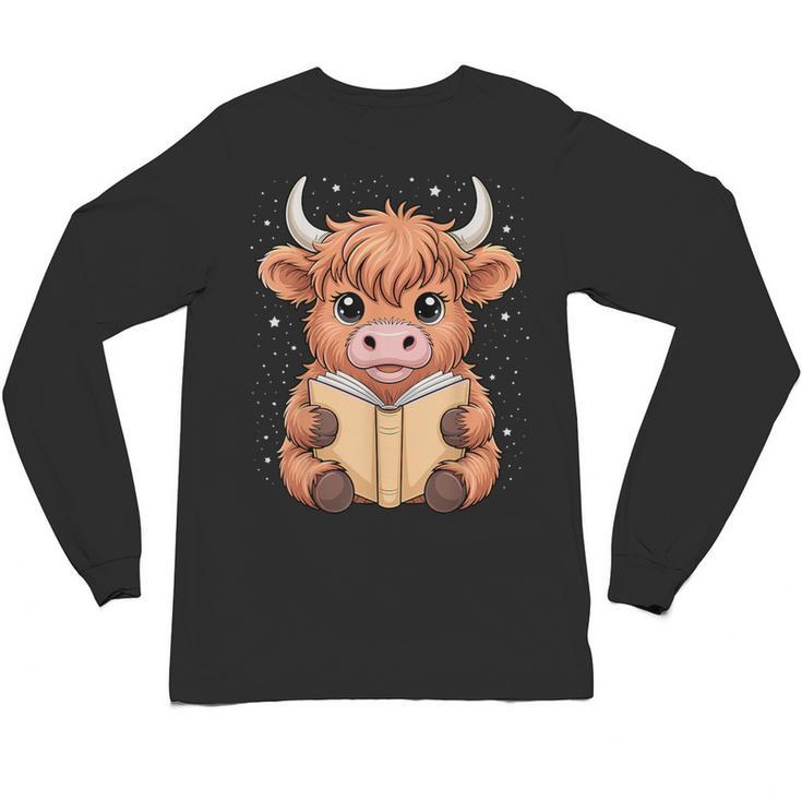 Cute Highland Cow Reading Book Unisex Long Sleeve T-Shirt