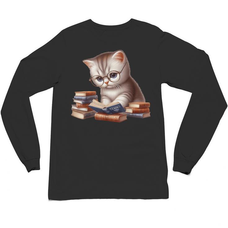 Cute Kitten Bookworm Adorable Cat With Glasses Reading Book Unisex Long Sleeve T-Shirt