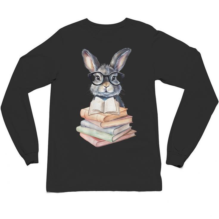 Cute Reading Bunny With Glasses Books Reader Book Bookworm Unisex Long Sleeve T-Shirt
