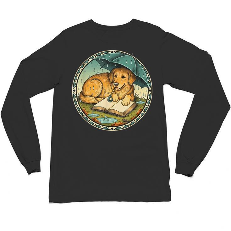 Dog Reading Book Rain Cozy Umbrella Cute Art Men Unisex Long Sleeve T-Shirt