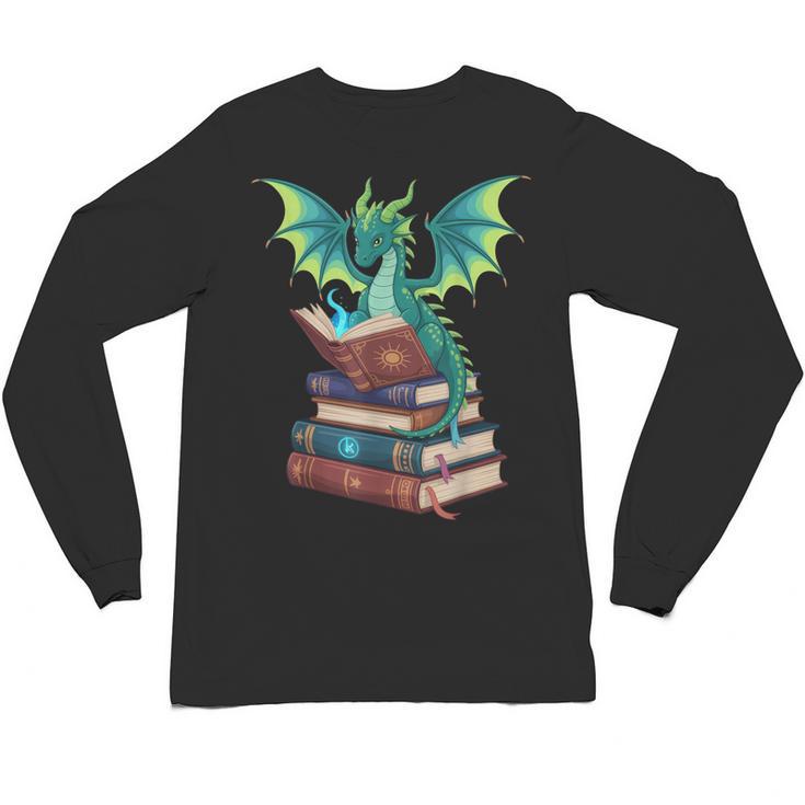 Dragon Reading Books Fantasy Lovers Mythical Creatures Unisex Long Sleeve T-Shirt