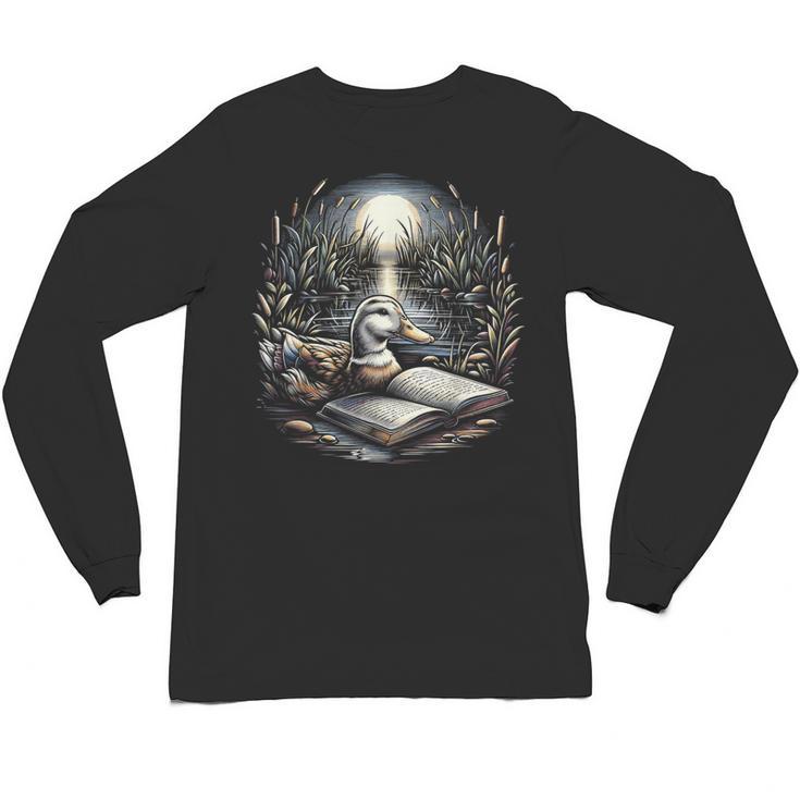 Duck Reading Book Full Moon Lake Scenery Unisex Long Sleeve T-Shirt