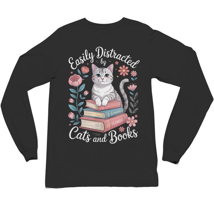 Easily Distracted By Cats And Books Reading Unisex Long Sleeve T-Shirt
