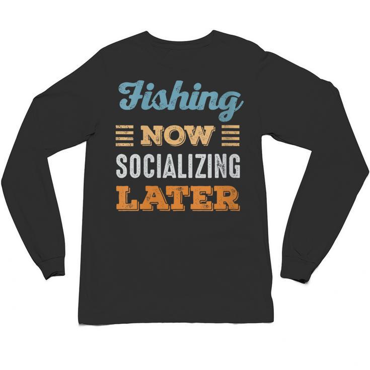 Fishing Now Minimal Socializing Introvert Vintage Unisex Long Sleeve T-Shirt