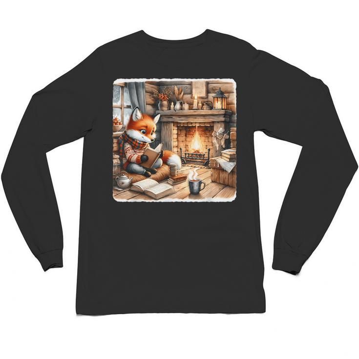 Fox Reads By Fireplace In Cabin Rustic Book Cozy Cup Tea Unisex Long Sleeve T-Shirt