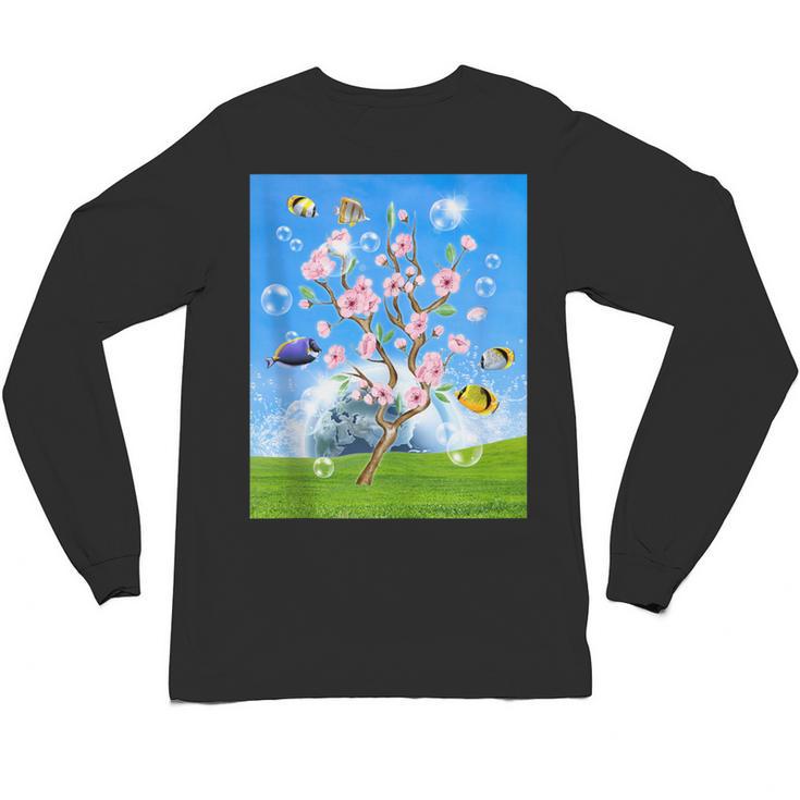 Frutiger Aero Aesthetic Tech Cherry Blossom Fishes Bubbles Unisex Long Sleeve T-Shirt