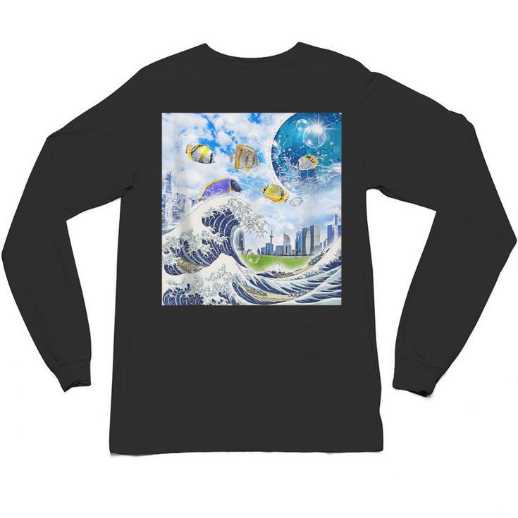 Frutiger Aero Aesthetic Tech Great Wave Of Kanagawa Fishes Unisex Long Sleeve T-Shirt