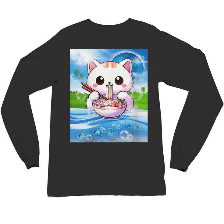 Frutiger Aero Aesthetic Tech Kawaii Ramen Cat Fishes Unisex Long Sleeve T-Shirt