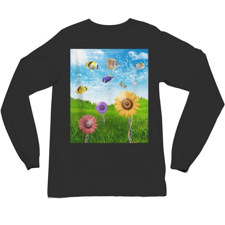 Frutiger Aero Aesthetic Tech Scenery Fishes Sunflower Unisex Long Sleeve T-Shirt
