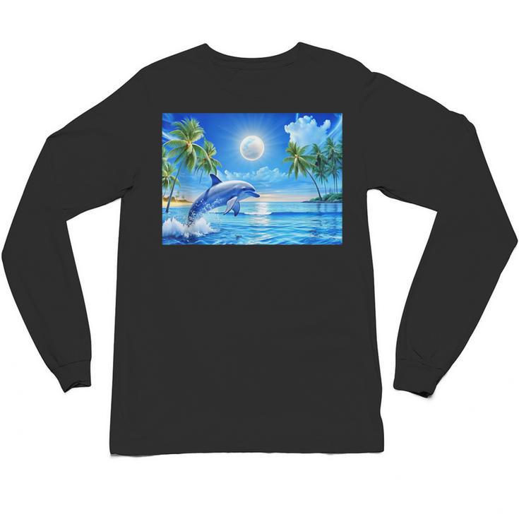 Frutiger Aero Dolphin Sunset Ocean With Palm Trees Y2k Unisex Long Sleeve T-Shirt