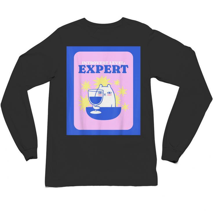 Fun Cute Introvert Cat Character With Wine Unisex Long Sleeve T-Shirt