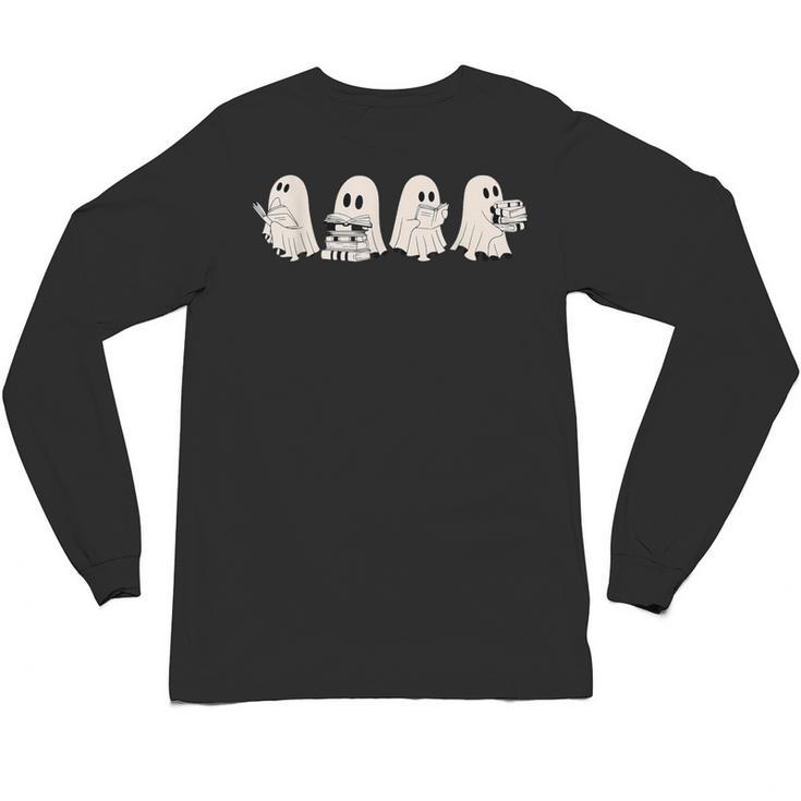 Ghost Book Reading Halloween Books Lover Teacher Kids Unisex Long Sleeve T-Shirt