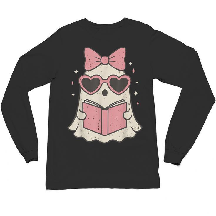 Ghost Reading Book Halloween Cat Lover Unisex Long Sleeve T-Shirt