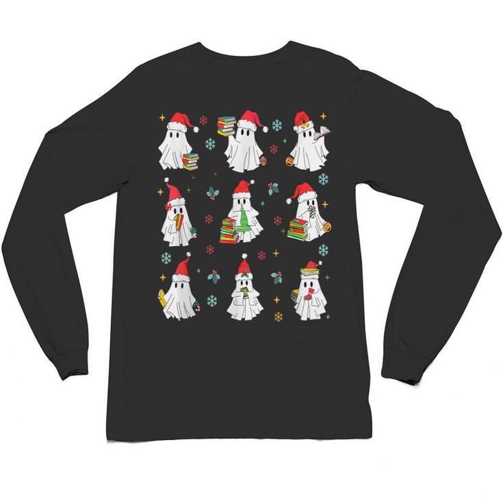 Ghosts Wearing Santa Hats Reading Books Christmas Book Lover Unisex Long Sleeve T-Shirt