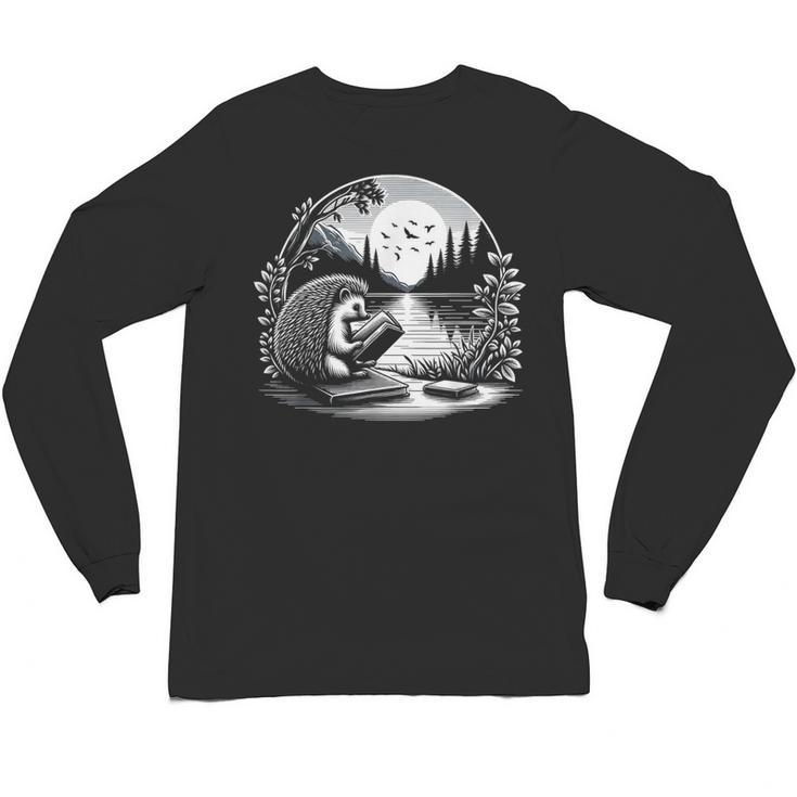 Hedgehog Reading Book Full Moon Lake Scenery Unisex Long Sleeve T-Shirt