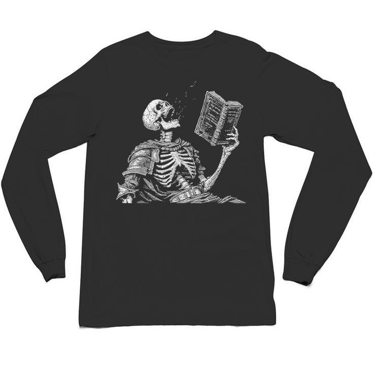 Hilarious Skeleton Holding a Book And Laughing Gothic Unisex Long Sleeve T-Shirt