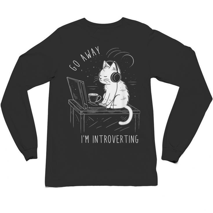 Introvert Cat With Coffee On Computer Antisocial Emo Goth Unisex Long Sleeve T-Shirt