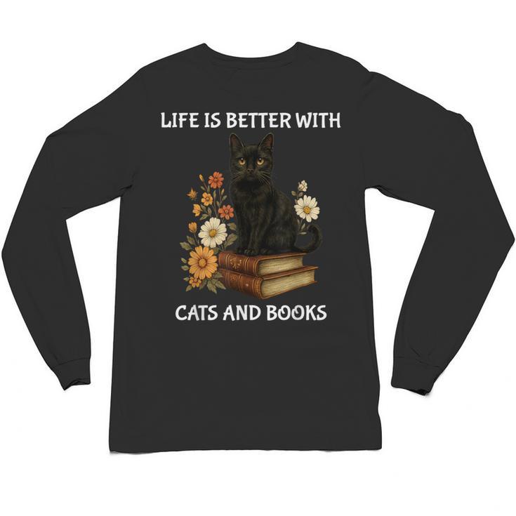Life Is Better With Cats And Books Cute Cat Lover For Men Women Kids Unisex Long Sleeve T-Shirt