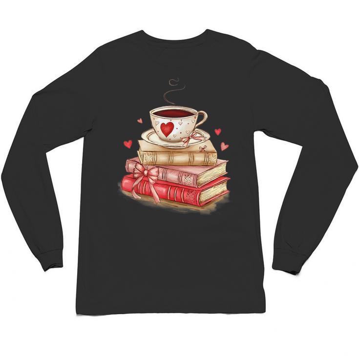 Love Book Coffee Heart Coquette Bow Valentines Day Unisex Long Sleeve T-Shirt