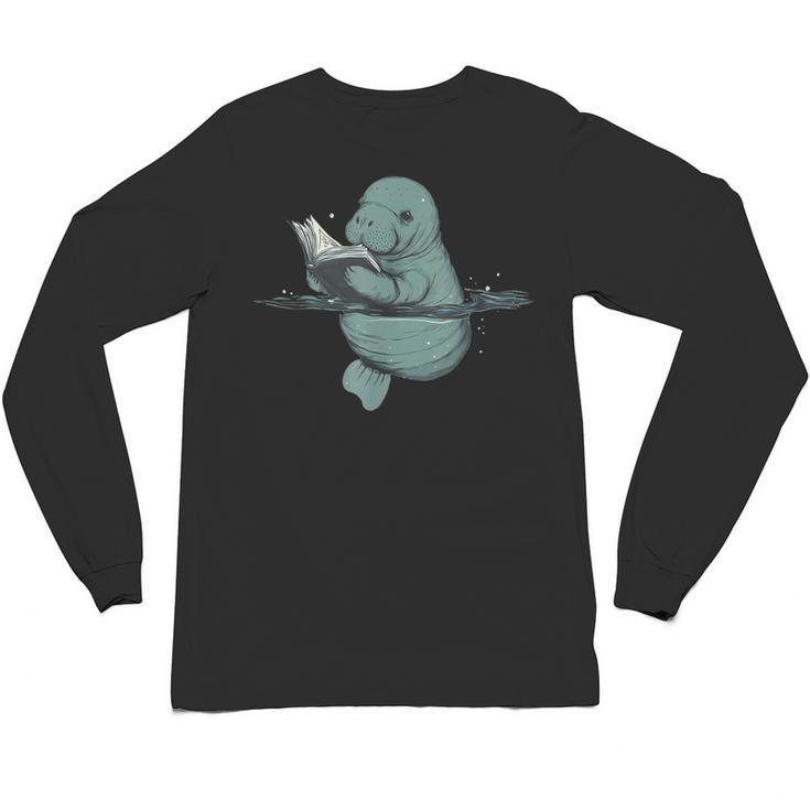 Manatee Reading Book Bookworm Manatees Ocean Animal Lover Unisex Long Sleeve T-Shirt