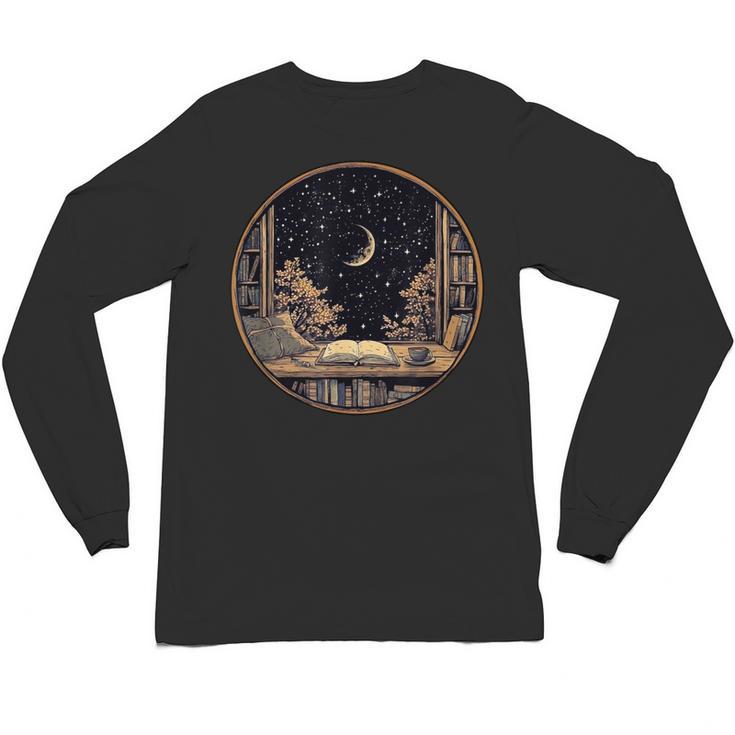 Moon Book Bookshelf Library Coffee Cup Star Stars Pattern Unisex Long Sleeve T-Shirt