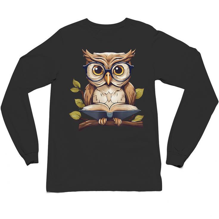 Owl Reading A Book Perched On A Branch Bookworm Unisex Long Sleeve T-Shirt
