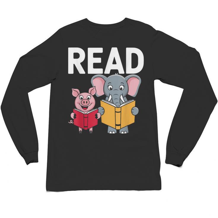 Pig Elephant Reading Cute Book Lover Bookworm Boys Girls Kid Unisex Long Sleeve T-Shirt