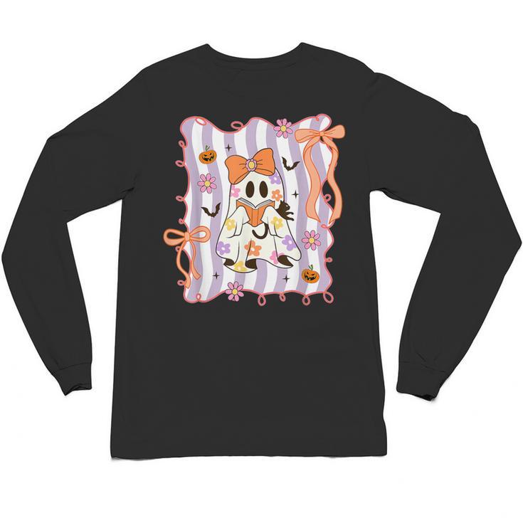 Preppy Coquette Bow Ghost Reading Books Halloween Book Unisex Long Sleeve T-Shirt